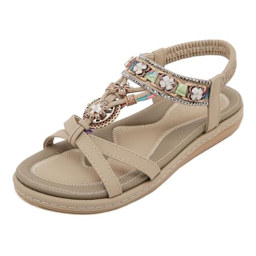 TANYAZ Damen Sandalen Sommer Bohemian Elegante Bequeme Flache Schuhe Mit Flexibler Sohle Flip Flops -atmungsaktive Strandsandalen Für Den Urlaub (Color : Apricot, Size : 36 EU) von TANYAZ