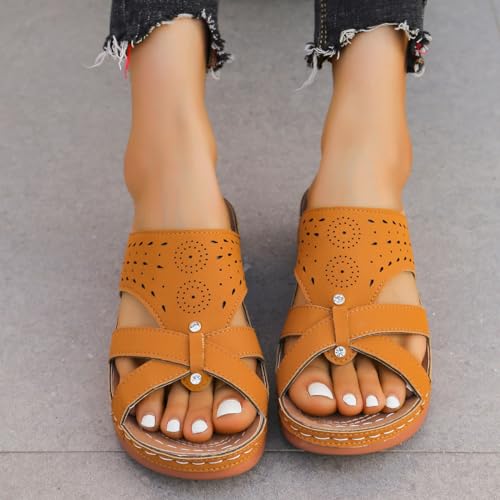 TANYAZ Damen Sandalen & Pantoletten Orthopädische Sandalen Offene Zehe Hohle Pantoletten Niedriger Keil Pantoletten Sommer Slip On Flats Strand Freizeitschuhe (Color : Orange, Size : 36 EU) von TANYAZ