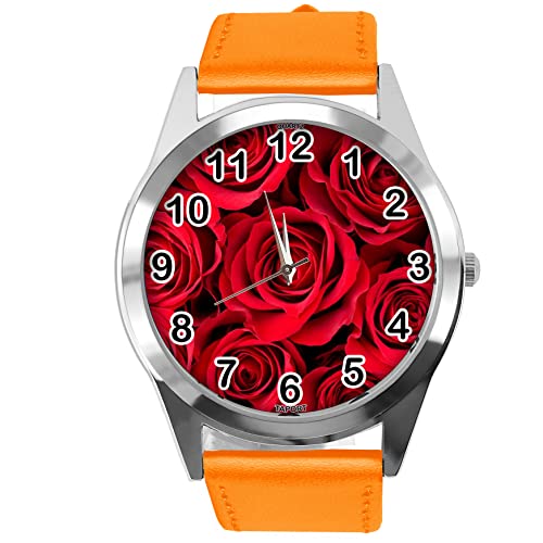 Orange Leder Runde Armbanduhr für Blumen Fans e1, Orange von TAPORT