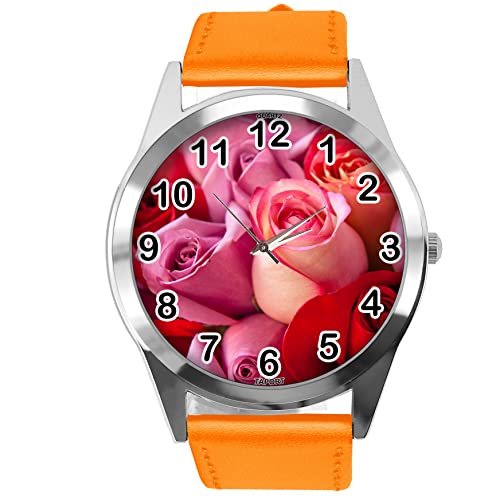 Orange Leder Runde Armbanduhr für Blumen Fans e3, Orange von TAPORT