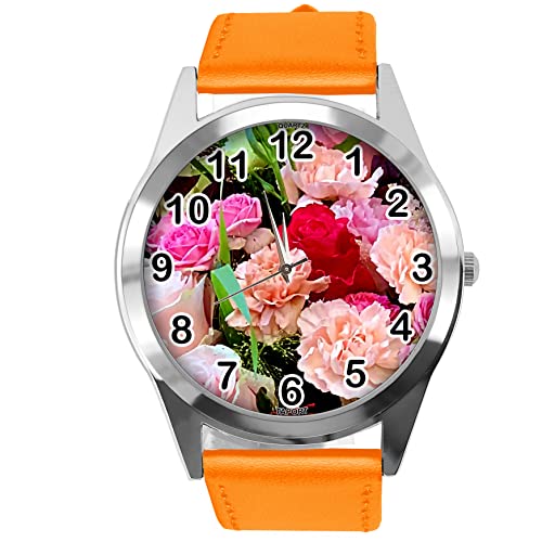 Orange Leder Runde Armbanduhr für Blumen Fans e4, Orange von TAPORT