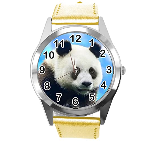 Runde Armbanduhr aus goldfarbenem Leder für Fans von Panda, gold von TAPORT