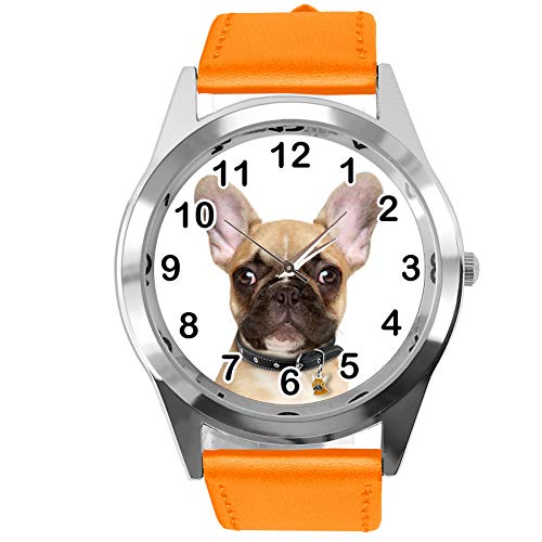 TAPORT® Armbanduhr Analog Quarz mit Echtlederband Orange Rund für Französische Bulldogge Fans von TAPORT