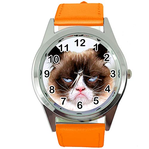 TAPORT® Armbanduhr Analog Quarz mit Echtlederband orange rund für Fan von Grumpy Cat von TAPORT