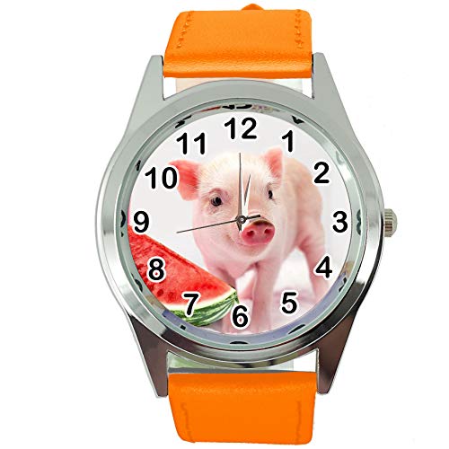 TAPORT® Armbanduhr Analog Quarz mit Echtlederband Orange Rund für Ferkel Babe Fans von TAPORT