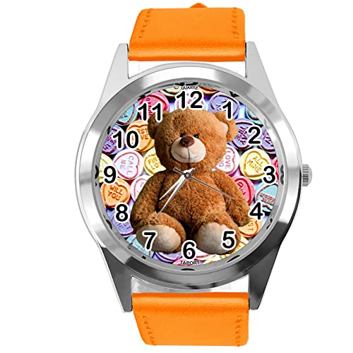 TAPORT® Orange Leder Quarz Runde Uhr für Teddybär-Fans e2 von TAPORT