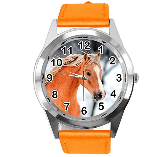 TAPORT® Orange Leder Runde Uhr für schöne Pferde Fans, Orange, Gurt von TAPORT