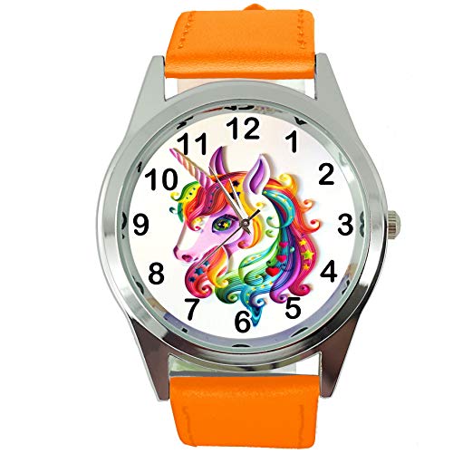 Taport® Damen-Armbanduhr Analog Quarz mit Echtlederband orange rund Einhorn E1 von TAPORT