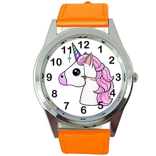 Taport® Damen-Armbanduhr Analog Quarz mit Echtlederband orange rund Einhorn E3 von TAPORT