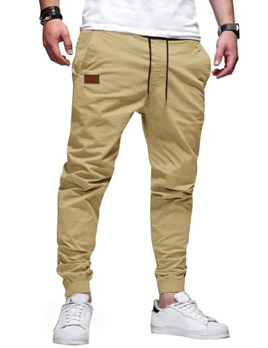 TARAINYA Hosen Herren Freizeithose Chino Kordelzug Cargohosen Outdoor Modern Jogginghosen Männer Baumwolle Casual Elastische Taille mit Taschen HellesKhaki L von TARAINYA