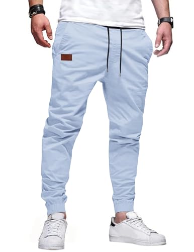 TARAINYA Hosen Herren Freizeithose Chino Kordelzug Cargohosen Outdoor Modern Jogginghosen Männer Baumwolle Casual Elastische Taille mit Taschen Himmelblau 2XL von TARAINYA