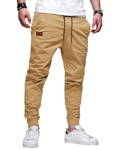 TARAINYA Hosen Herren Freizeithose Chino Kordelzug Cargohosen Outdoor Modern Jogginghosen Männer Baumwolle Casual Elastische Taille mit Taschen Khaki 2XL von TARAINYA