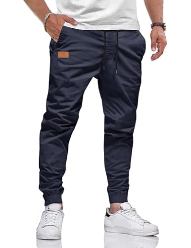 TARAINYA Hosen Herren Freizeithose Chino Kordelzug Cargohosen Outdoor Modern Jogginghosen Männer Baumwolle Casual Elastische Taille mit Taschen Marineblau L von TARAINYA