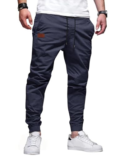 TARAINYA Hosen Herren Freizeithose Chino Kordelzug Cargohosen Outdoor Modern Jogginghosen Männer Baumwolle Casual Elastische Taille mit Taschen Marineblau M von TARAINYA