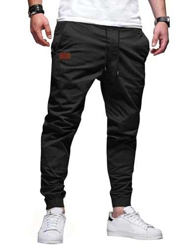 TARAINYA Hosen Herren Freizeithose Chino Kordelzug Cargohosen Outdoor Modern Jogginghosen Männer Baumwolle Casual Elastische Taille mit Taschen Schwarz 2XL von TARAINYA