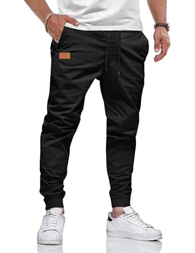 TARAINYA Hosen Herren Freizeithose Chino Kordelzug Cargohosen Outdoor Modern Jogginghosen Männer Baumwolle Casual Elastische Taille mit Taschen Schwarz M von TARAINYA