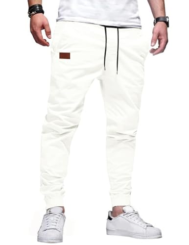 TARAINYA Hosen Herren Freizeithose Chino Kordelzug Cargohosen Outdoor Modern Jogginghosen Männer Baumwolle Casual Elastische Taille mit Taschen Weißes 3XL von TARAINYA