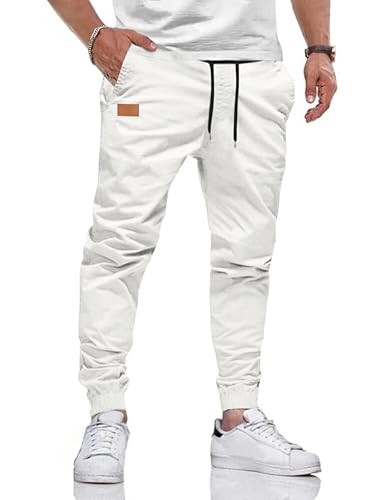 TARAINYA Hosen Herren Freizeithose Chino Kordelzug Cargohosen Outdoor Modern Jogginghosen Männer Baumwolle Casual Elastische Taille mit Taschen Weißes L von TARAINYA