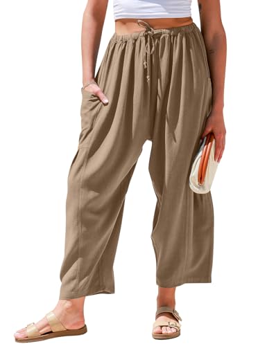 TARSE Damen Leinenhose mit weitem Bein, lockerer Kordelzug, niedrige Taille, Strand, Palazzo, Haremshose mit Taschen, Kaffee, M von TARSE