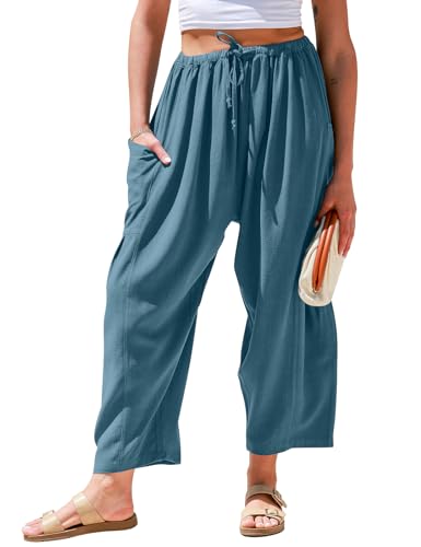 TARSE Damen Leinenhose mit weitem Bein, lockerer Kordelzug, niedrige Taille, Strand, Palazzo, Haremshose mit Taschen, Seeblau, Groß von TARSE