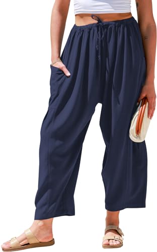 TARSE Damenhose aus Leinen, weites Bein, lässig, lockerer Kordelzug, niedrige Taille, Strand, Palazzo, Haremshose mit Taschen, Marineblau, S TARSE Damenhose aus Leinen, weites Bein, lässig, lockerer Kordelzug, niedrige Taille, Strand, Palazzo, Haremshose mit Taschen, Marineblau, S von TARSE