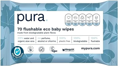 Pura TBD365 GIFFTING Spülbare Babytücher, 100 % plastikfrei, 99 % Wasser, geeignet für empfindliche Haut und zu Ekzemen neigende Haut, biologisch abbaubar, 70 Tücher von TBD GIFTTING