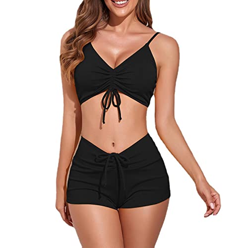 Bikini-Sets für Damen Gepolstertes Bikini-Oberteil und High Waist Bikini-Unterteile Bescheidene Badebekleidung Elastische Gerippte Bademode Weicher Sport-Schwimmanzug Badeanzug Damen Sport Bademode von TBSCWYF