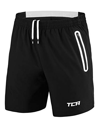 TCA Herren Elite Tech Leichte Laufhose Gymshorts Trainingsshorts und Laufshorts mit Reißverschlusstaschen - Sporthose Herren Kurz - Schwarz/Weiss, M von TCA