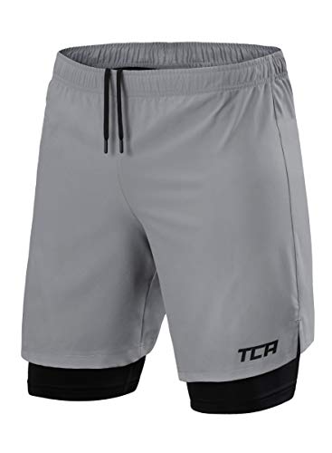 TCA Ultra Laufhose Herren 2 in 1 Kurze Sporthose Trainingsshorts Laufshorts mit integrierter Kompressionshose und Reißverschlussfach - Hellgrau (Reißverschlusstasche), S von TCA