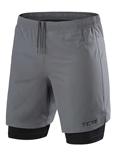 TCA Ultra Laufhose Herren 2 in 1 Kurze Sporthose Trainingsshorts Laufshorts mit integrierter Kompressionshose und Reißverschlussfach - Grau (Reißverschlusstasche), S von TCA