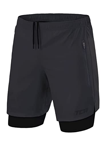 TCA Ultra Laufhose Herren 2 in 1 Kurze Sporthose Trainingsshorts Laufshorts mit integrierter Kompressionshose und Reißverschlussfach - Grau (2X reißverschlusstasche), S von TCA