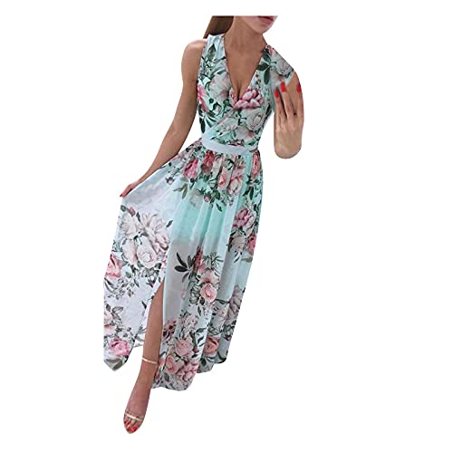 Blumenkleid Mit Schlitz - Kleid Damen Elegant Lang Blumen Sommerkleid Leicht Chiffon Strandkleid V Ausschnitt Wickelkleid Ärmellos Sommer Maxikleid A Linie Sommerkleider Sexy Swing Kleid von TDEOK