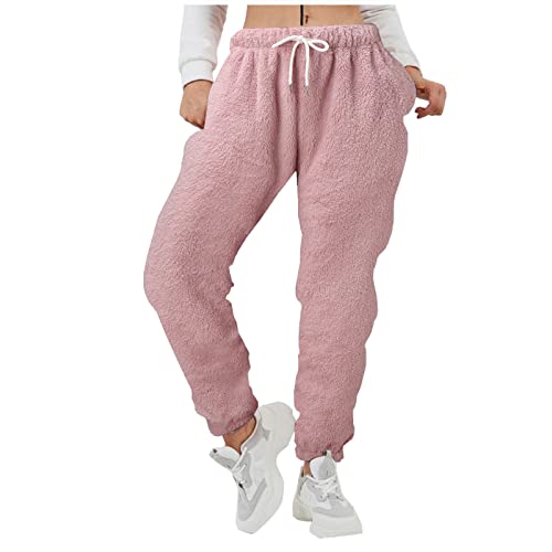 Jogginghose Damen Warm Fleece Freizeithose Flauschig Haushose Teddy Schlafhose Kuschelig Thermohose 2 Taschen & Kordelzug Fleecehose Winter Pyjamahose Lang Baumwolle Schlafanzughose Schwarz,Rosa,Grau von TDEOK