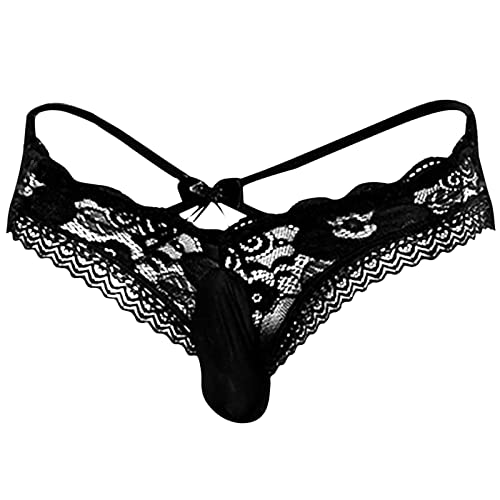 Penisring String Niedrige Taille Herren Sexy Slips mit Spitzenunterwäsche Schleife Sexy Mesh Herrenunterwäsche Dessous Damen Strapsen Set (Black, One Size) von TDEOK