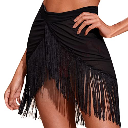 Stand Sarong Damen Kurz - Wickelrock Sexy Strandtücher Durchsichtig Tuch Wrap Strandponcho Sommer Strandtuch Chiffon Pareo Leicht Strandrock Mit Fransen Minirock Schwarz Hüfttuch Bikini Badeanzug von TDEOK