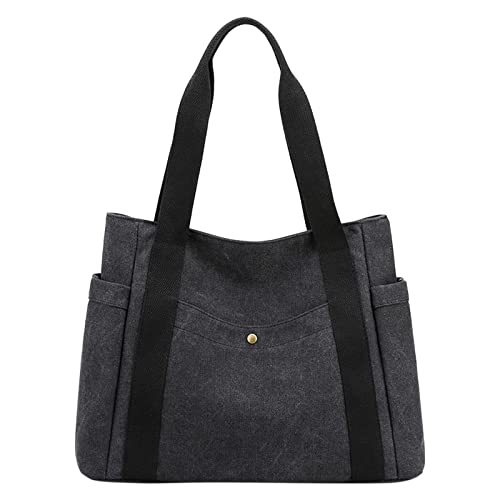 TDEOK Damen Canvas Tote Handtaschen Multi Pocket Retro Lässige Umhängetasche Top Handle Satchel Tote Purse Taschen Damen (Black, One Size) von TDEOK