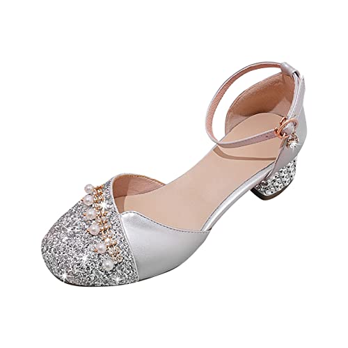 TDEOK Große Kinder Mädchen Prinzessinnenschuhe mit geschlossener Zehenpartie, Perlenverzierung und, glitzernde Prinzessinnenschuhe für Party, Hochzeit, Abschlussball Moonboots (Silver, 32 Big Kids) von TDEOK