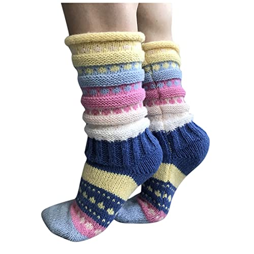 TDEOK Hohe Socken Lange Damen Bunte SchlafSocken Gestreifte StrickSocken Winter Dicke Wärme Gestrickte KuschelSocken Weiche StrickSocken Süße Socken Häkeln FreizeitSocken, Blau, L von TDEOK