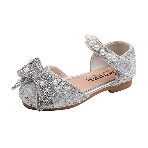 TDEOK Kinder Mädchen Flache Perle Kristall Schuhe Bogen Prinzessin Schuhe PU Einfarbig Mädchen Freizeitschuhe Sandalen Kinder 36 (Silver, 31 Little Child) von TDEOK