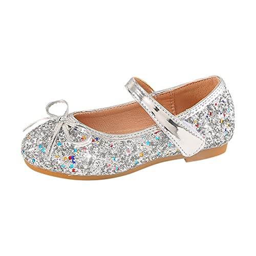 TDEOK Kinder Mädchen Hochzeit Schuhe Blumenkind Schuhe Pailletten Feine Glitzer Schleife Mädchen Prinzessin Schuhe Kinder Leuchtschuhe (Silver, 28 Little Child) von TDEOK