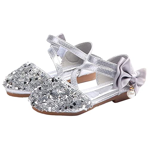 TDEOK Kinder Mädchen Kristall Kleid Schuhe Glitzer Prinzessin Sandalen Kinder Sandalen Frühling Sommer Baotou Pailletten Flache Lederschuhe Kinder Prinzessin Schuhe (Silver, 26.5 Little Kids) von TDEOK