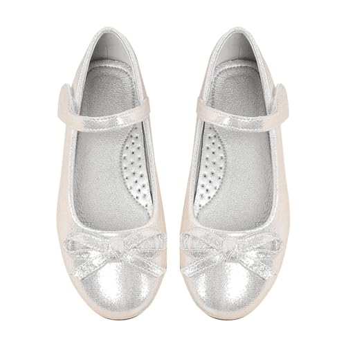 TDEOK Kinder Prinzessin Schuhe mit Schleife rutschfeste Kinder Ballett Mädchen Student Schuhe Sandalen Super Fit 31 (Silver, 25.5 Toddler) von TDEOK