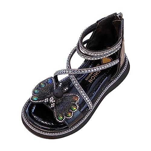 TDEOK Mädchen offene Spitze, Strass, Schmetterlingsdruck, Fußrücken, Reißverschluss, römische Sandalen, tägliche Freizeit-Strandschuhe Schneestiefel 24 (Black, 28.5 Little Child) von TDEOK