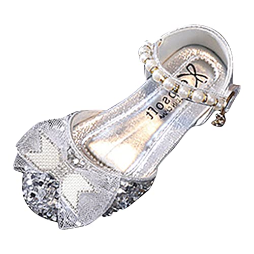 TDEOK Mode Frühjahr und Sommer Sandalen Kleid Tanz Leistung Prinzessin Schuhe Pailletten Mesh Schleife Perle Gürtelschnalle Sandalen 30 (Silver, 27 Toddler) von TDEOK