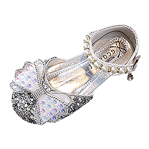 TDEOK Mode Frühling und Sommer Kinder Tanzschuhe Kleid Leistung Prinzessin Schuhe Strass Perle Schleife Schnalle leicht und atmungsaktiv Winterschuhe Kinder 26 (Silver, 23 Toddler) von TDEOK