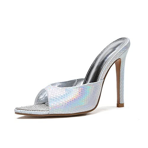 TDHLW Damen High Heels Pantoletten Offen Spitz Zehe Strass Sandalen Stiletto Rückenfrei Slip on Sommer Mules Sandal mit Absatz,Silber,42 EU von TDHLW