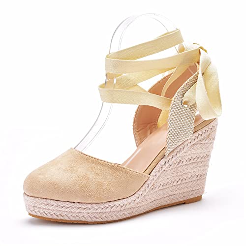 TDHLW Damen sandalen mit keilabsatz elegant, Slingback Sandalen, Römersandalen Plateau Sandaletten High Heels Sommerschuhe, Espadrilles für den Sommer, bequem, Strandsandalen,Apricot,34 EU von TDHLW