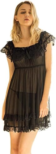 TDHLW Nachthemd Damen Sexy Spitzen Nachtkleid ärmellos Negligee Mit G-String Große Größen,Schwarz,M von TDHLW