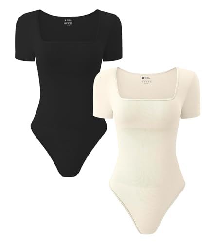 TDIFFUN Damen Shapewear Bodysuits Bauchkontrolle Kurzarm Nahtlos Gerippt Quadratischer Ausschnitt Body Shaper Jumpsuit Tanga, Schwarz+Creme, M von TDIFFUN