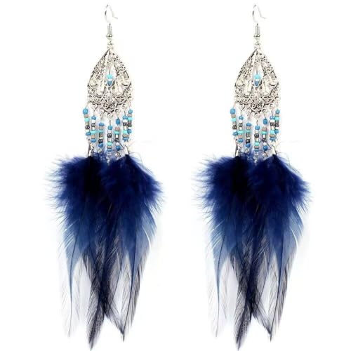 Blaue Boho-Ohrringe im Vintage-Stil, natürliche Federn, handgefertigt, silberfarbene Perlen, handgefertigte Quasten-Tropfenohrringe für Frauen, Geschenk, Blau, Einheitsgröße von TDNEKMCA